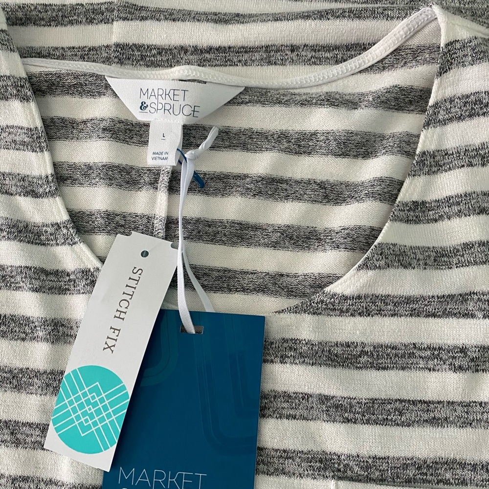 Market & Spruce White and Gray Striped Sleeveless Midi Shift Dress - Picture 6 of 8